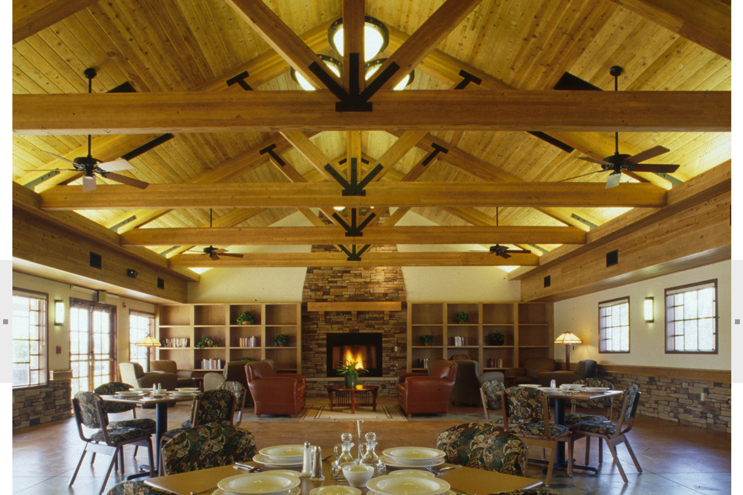 CSU interior dining area featuring beams