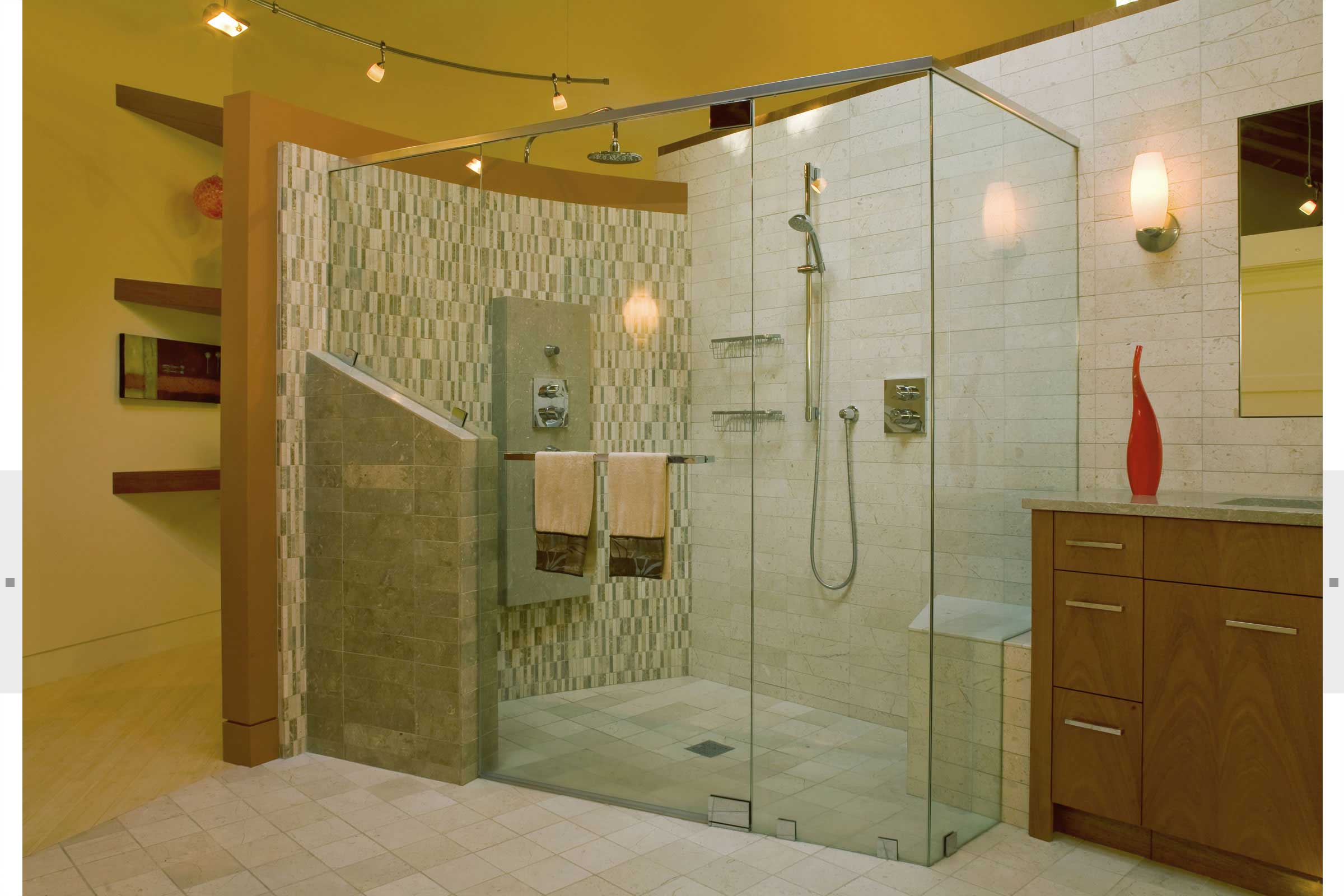 large standing shower with glass walls