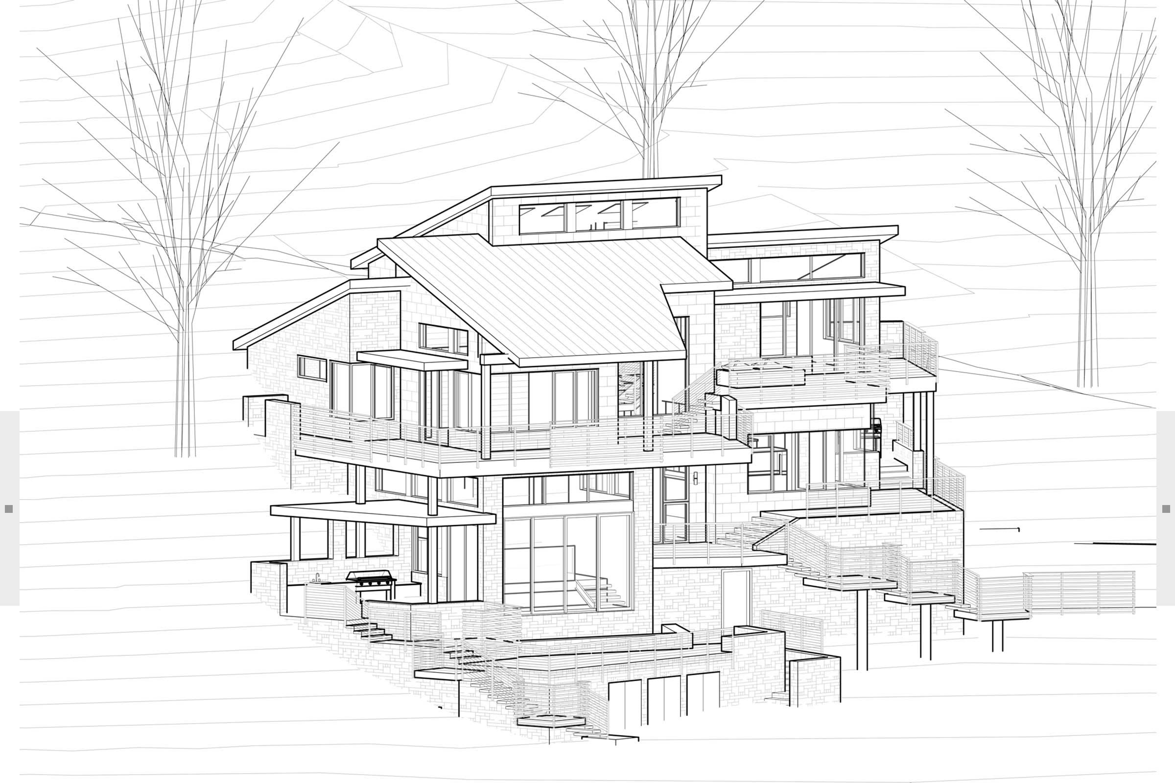 multilevel sketch of residence on hillside