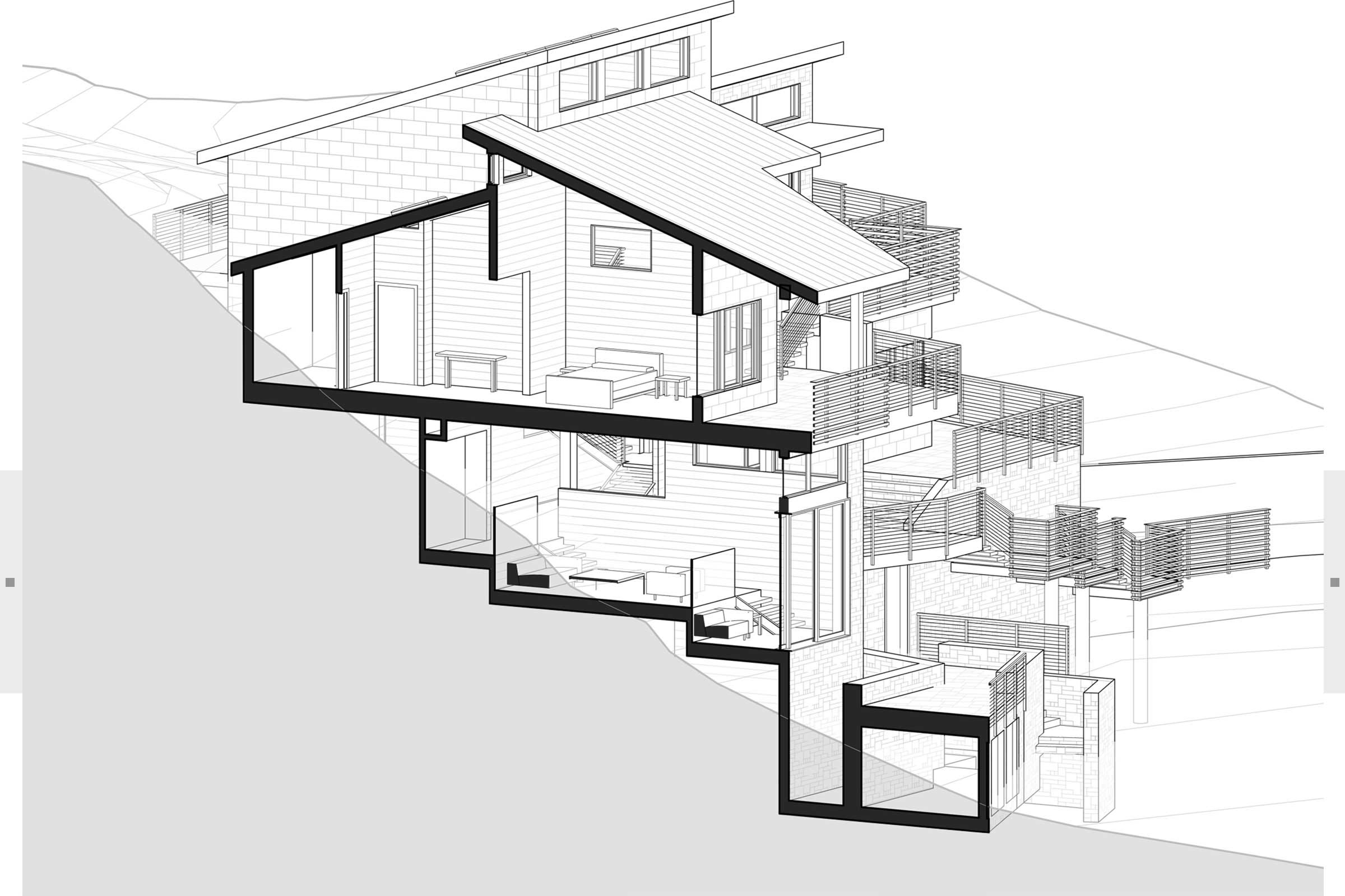 multilevel sketch of residence on hillside