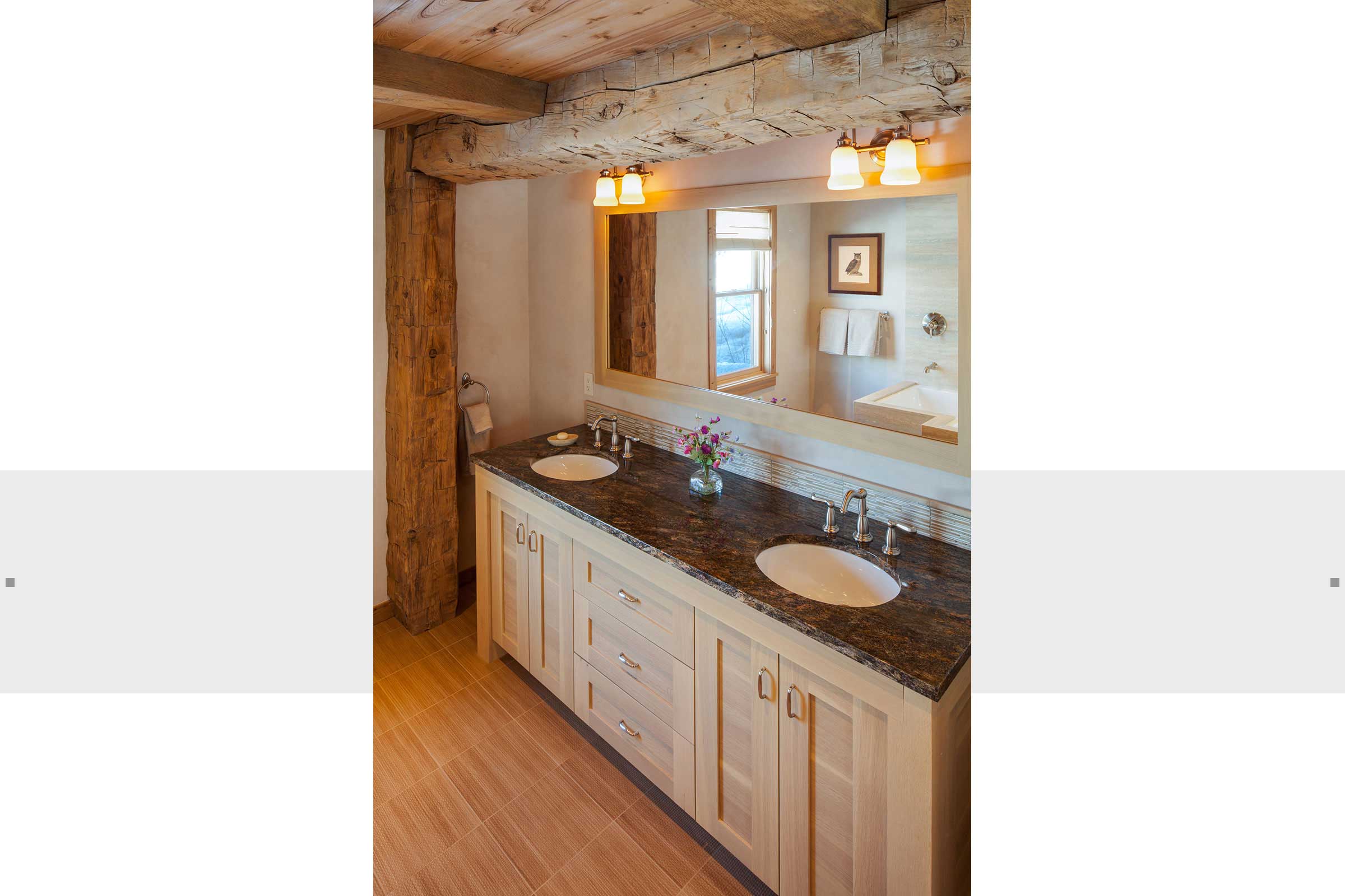 bathroom with rustic beam ceilings