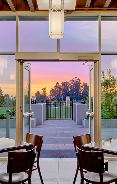 sunset view to outside at university dining area